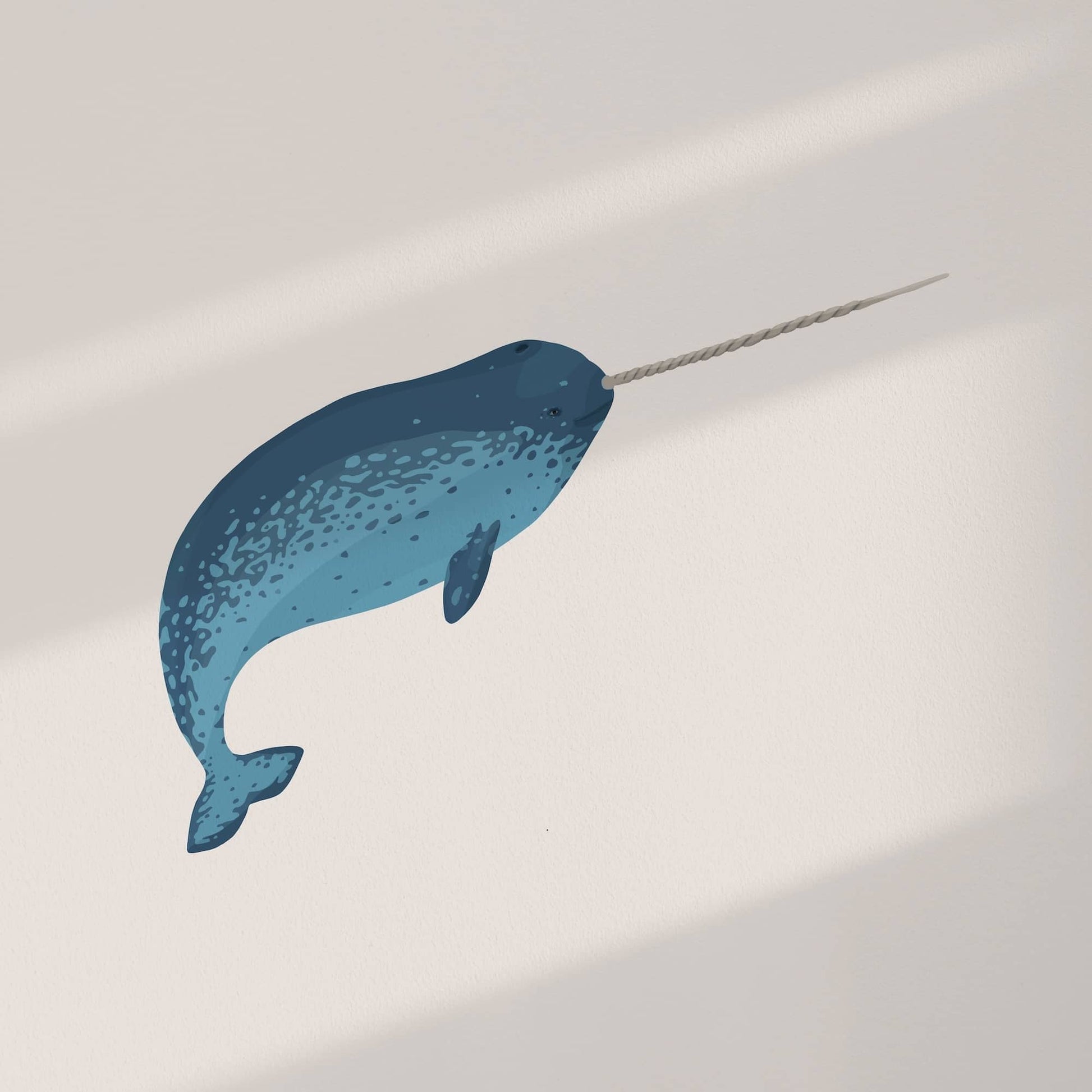 Digital art print of a narwhal set against a soft beige background, showcasing the intricate blue skin patterns and the iconic spiral tusk.