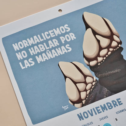 Página de noviembre del calendario 2027 de Normablok con unos percebes y la frase normalicemos no hablar por las mañanas.
