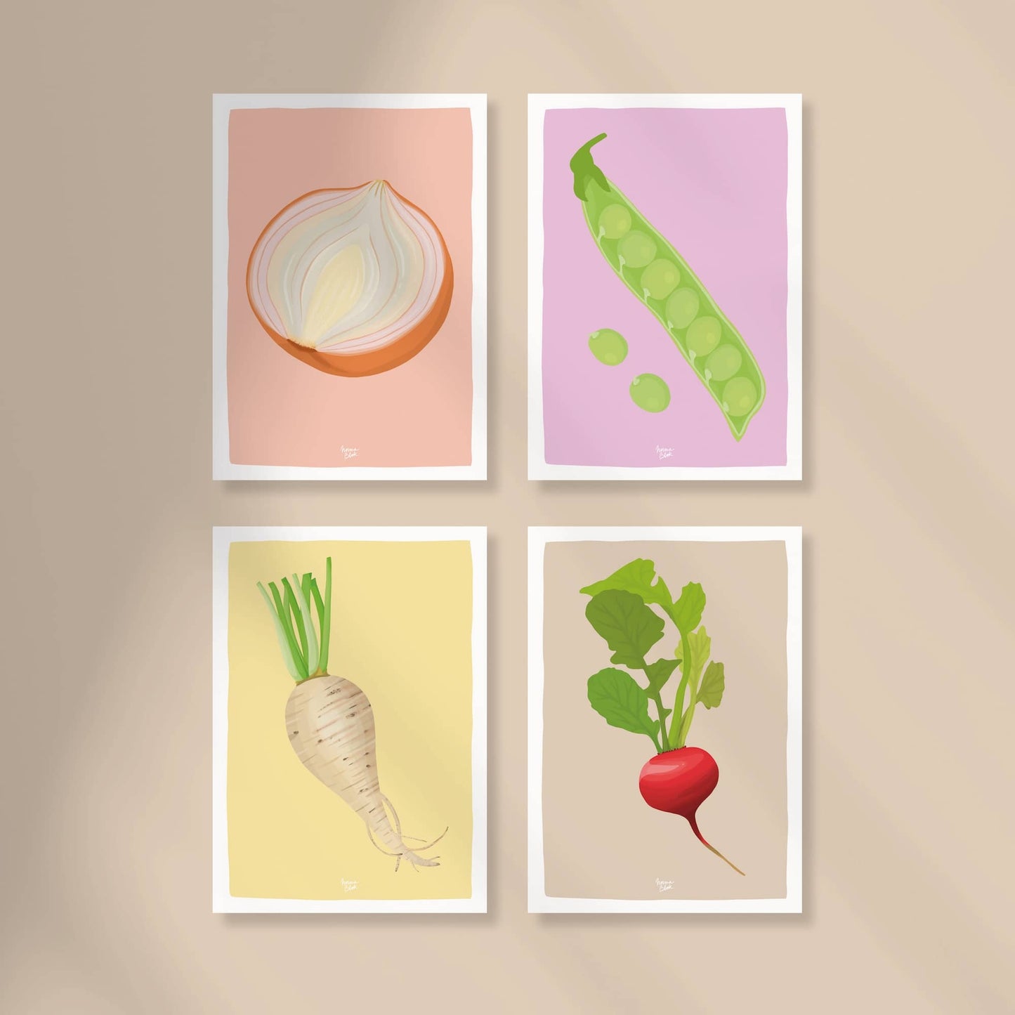 A top-down view of the four vegetable mini prints onion, peas, turnip, and radish arranged on a neutral beige background to show the digital illustration details and the signature white border.