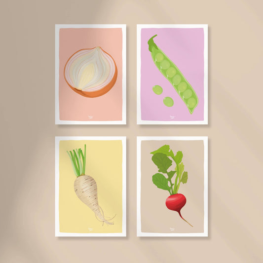 A top-down view of the four vegetable mini prints onion, peas, turnip, and radish arranged on a neutral beige background to show the digital illustration details and the signature white border.