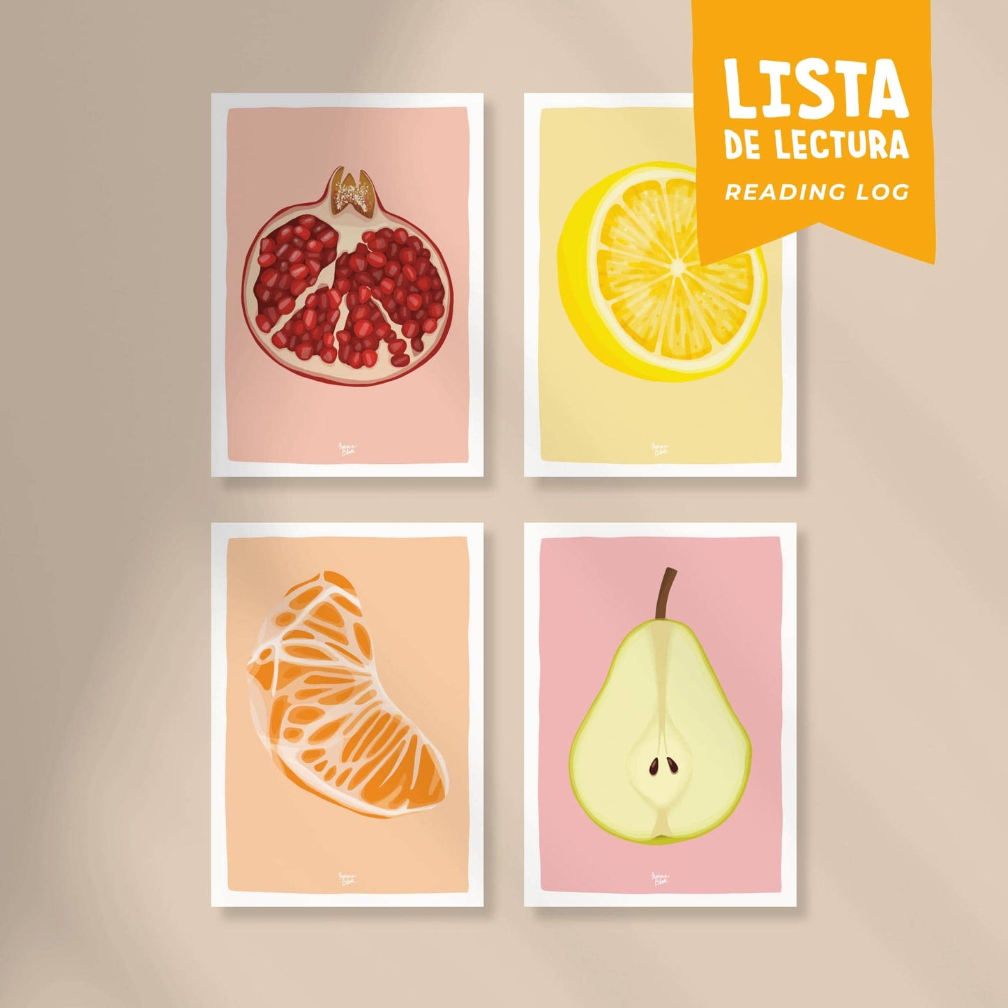 Pack 4 Lista de lectura / Puntos de libro "Frutas: Granada, Limón, Mandarina, Pera"