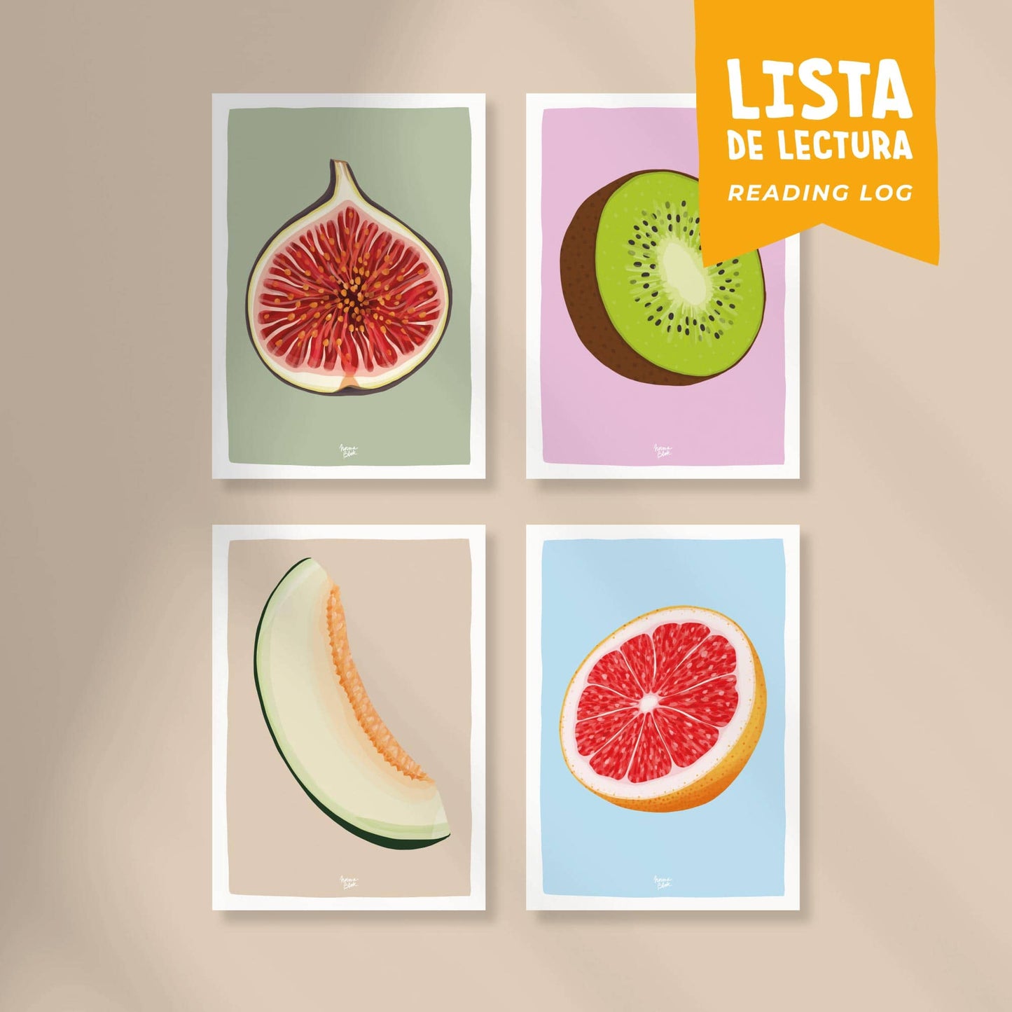 Pack 4 Lista de lectura / Puntos de libro "Frutas: Higo, Kiwi, melón, Pomelo"