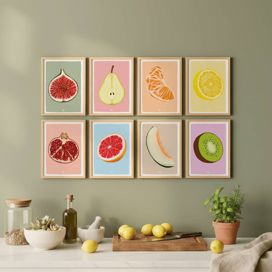 Mini Fruit print Set - Pack of 8 (Pomegranate, Lemon, Tangerine, Pear, Fig, Kiwi, Melon, Grapefruit)