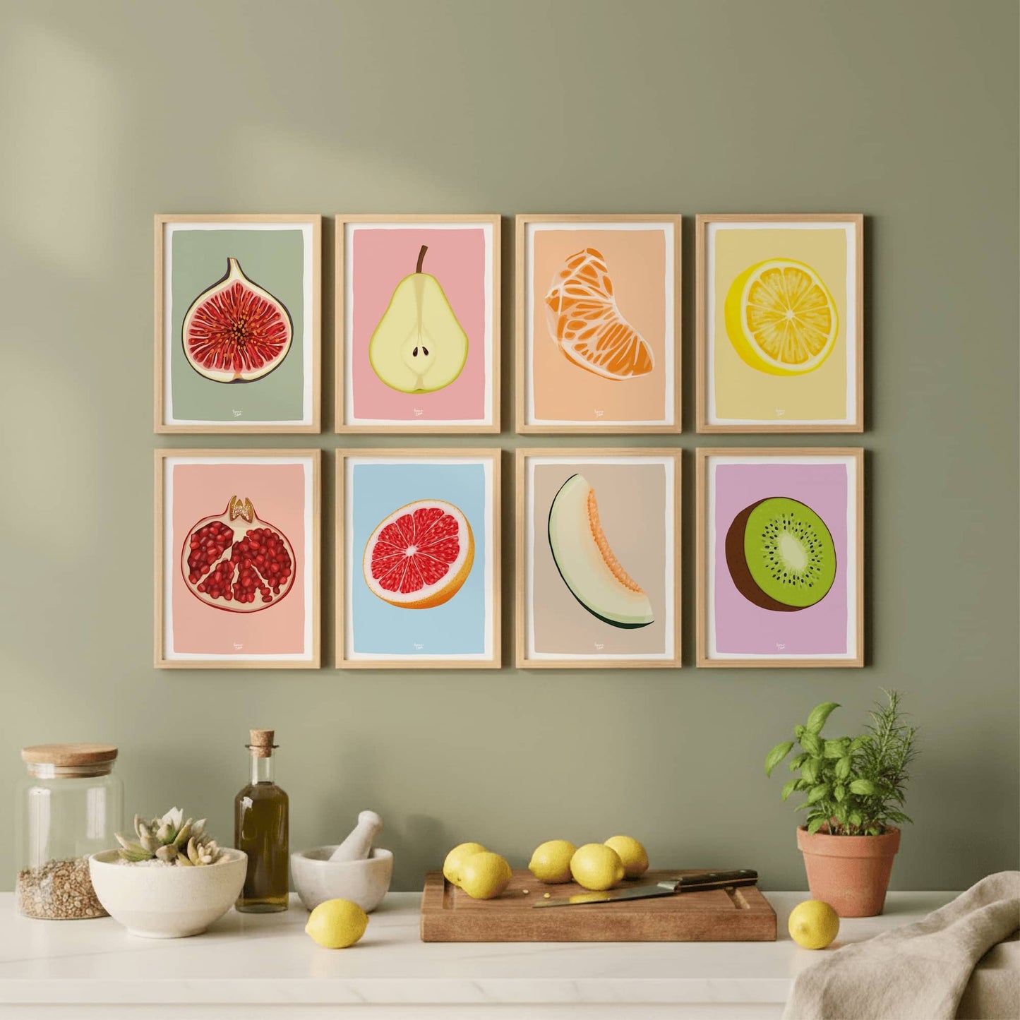 Pack 8 Mini Láminas Frutas - Granada, Limón, Mandarina, Pera, Higo, Kiwi, Melon y Pomelo