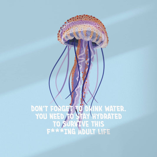 A clean product shot highlighting the detailed floating jellyfish and its English text over a light blue background.
