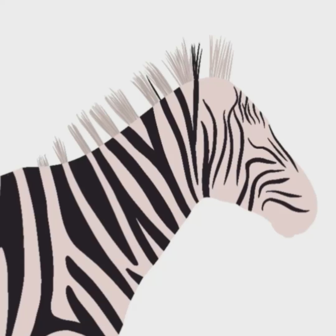 A short video clip showing the digital illustration process of the zebra in Procreate. The video reveals the artist's workflow, starting from the sketch to the final colorful details, providing transparency and showcasing the original hand-drawn effort behind the print.