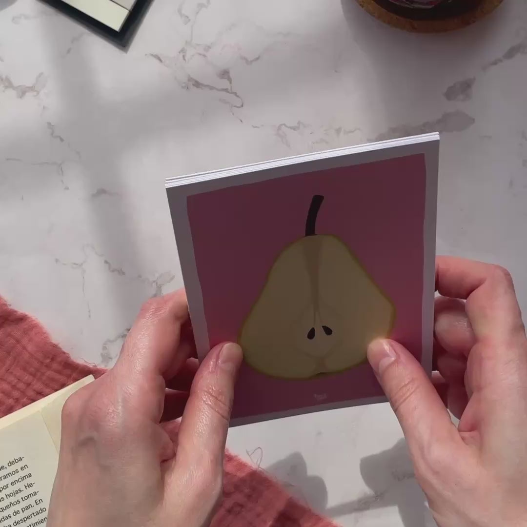 A collection of 8 different fruit-themed reading tracker cards spread out, showing both the artistic front and the functional back by Normablok.