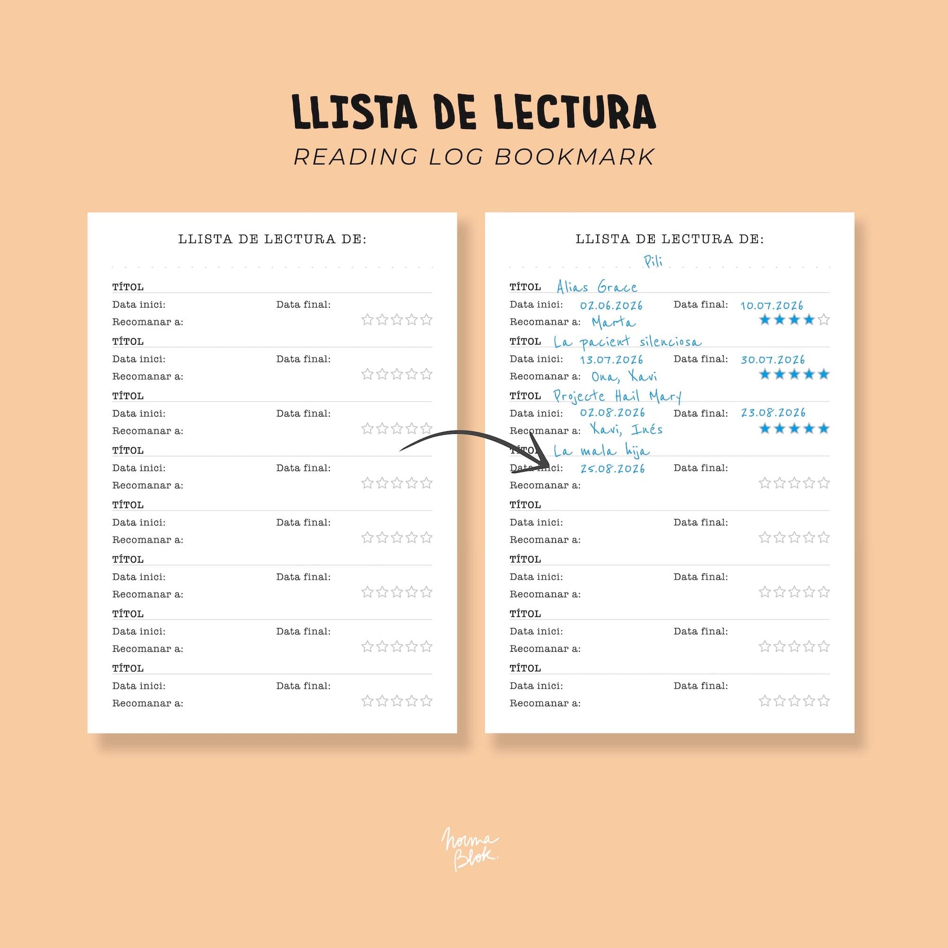 llista de lectura i punt de llibre mida postal en català per portar un recompte dels llibres que has llegit aquest any. El pots personalitzar amb el teu nom :)