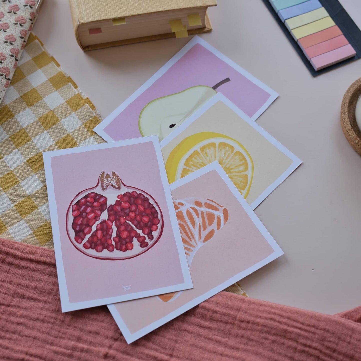 Pack 4 Lista de lectura / Puntos de libro "Frutas: Granada, Limón, Mandarina, Pera"