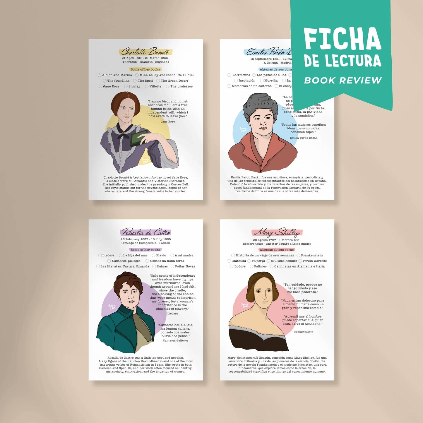 Pack 4 fichas de lectura "Escritoras"