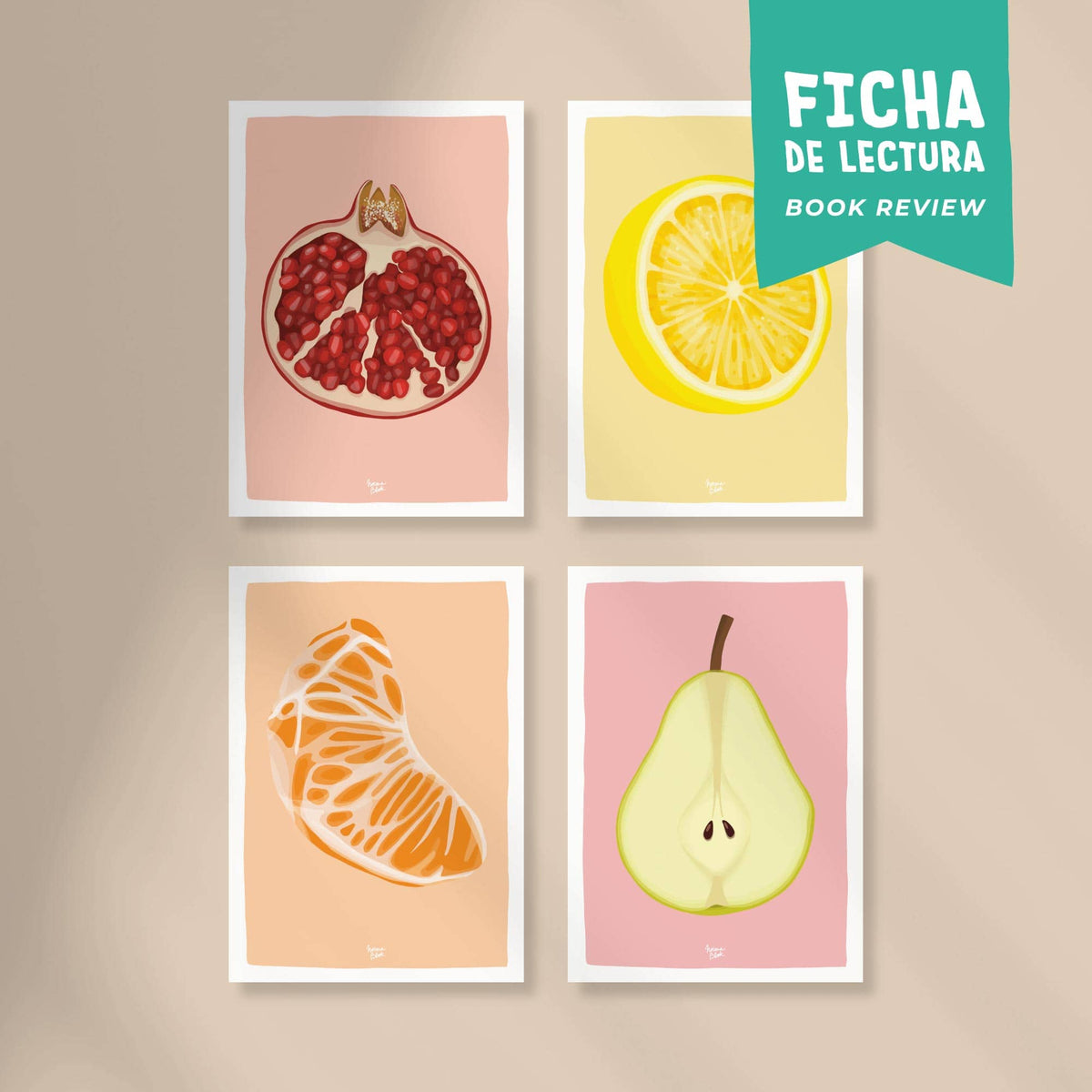 Pack 4 fichas de lectura "Frutas: Granada, Mandarina, Limón y Pera"