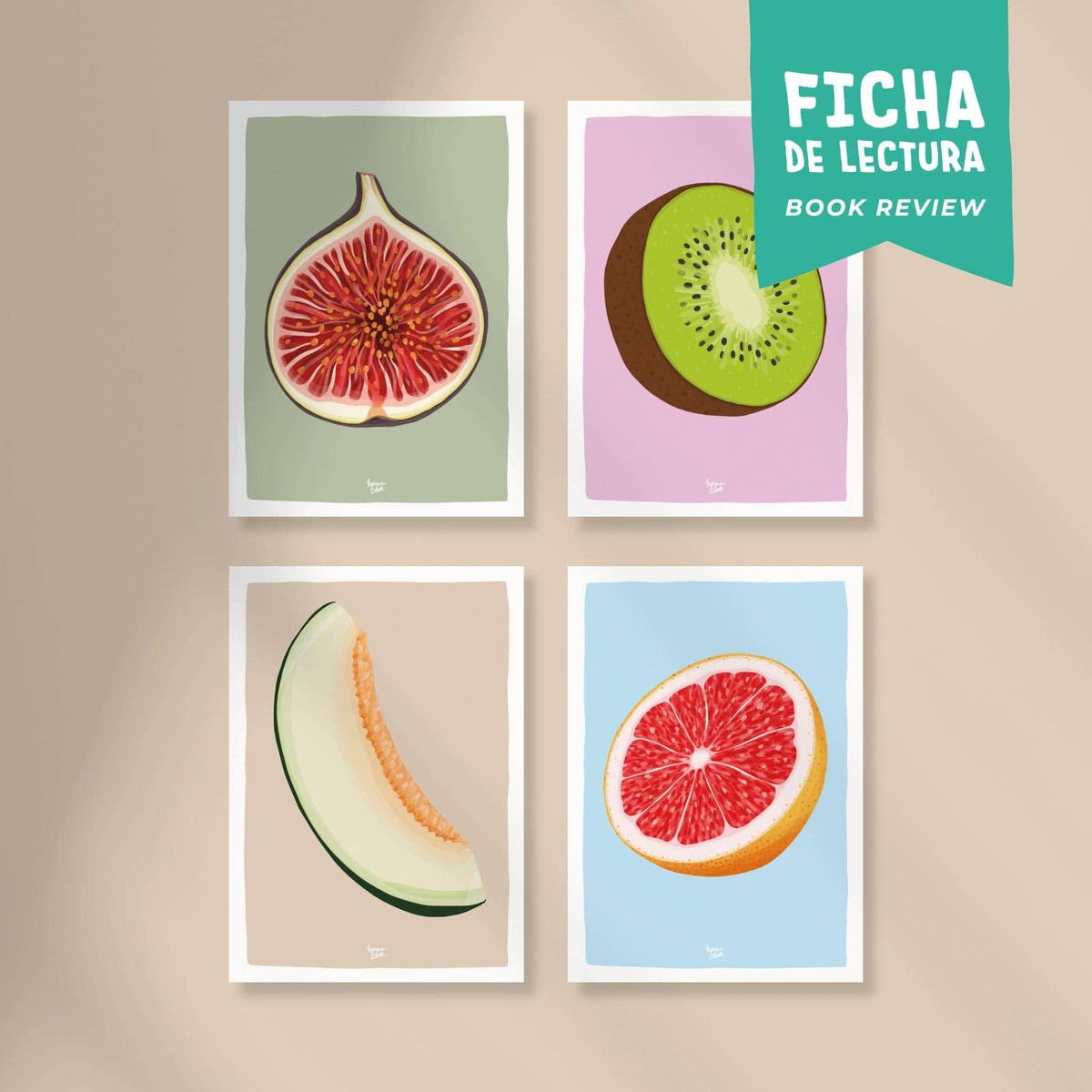 Pack 4 fichas de lectura "Frutas: Higo, Kiwi, Melón, Pomelo"