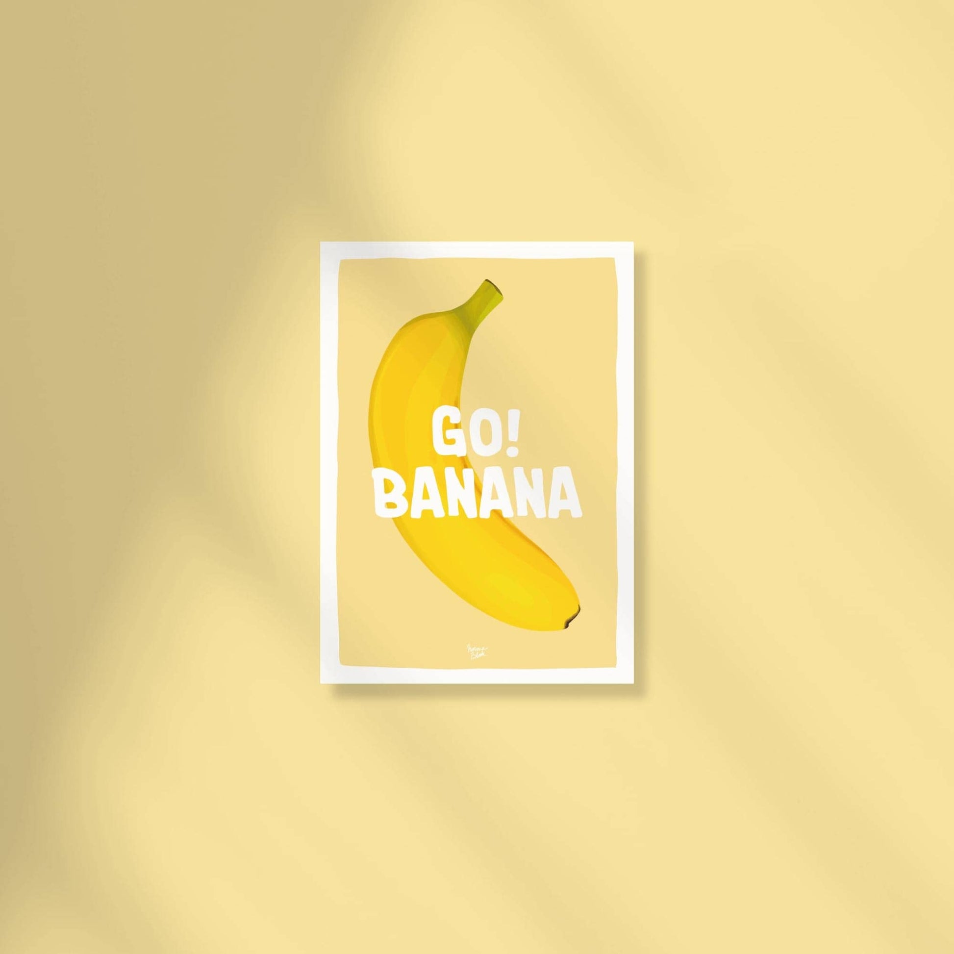 A vibrant A6 postcard featuring a detailed digital illustration of a banana with the funny text "Go Banana" in a modern, playful font against a colorful background by Normablok.