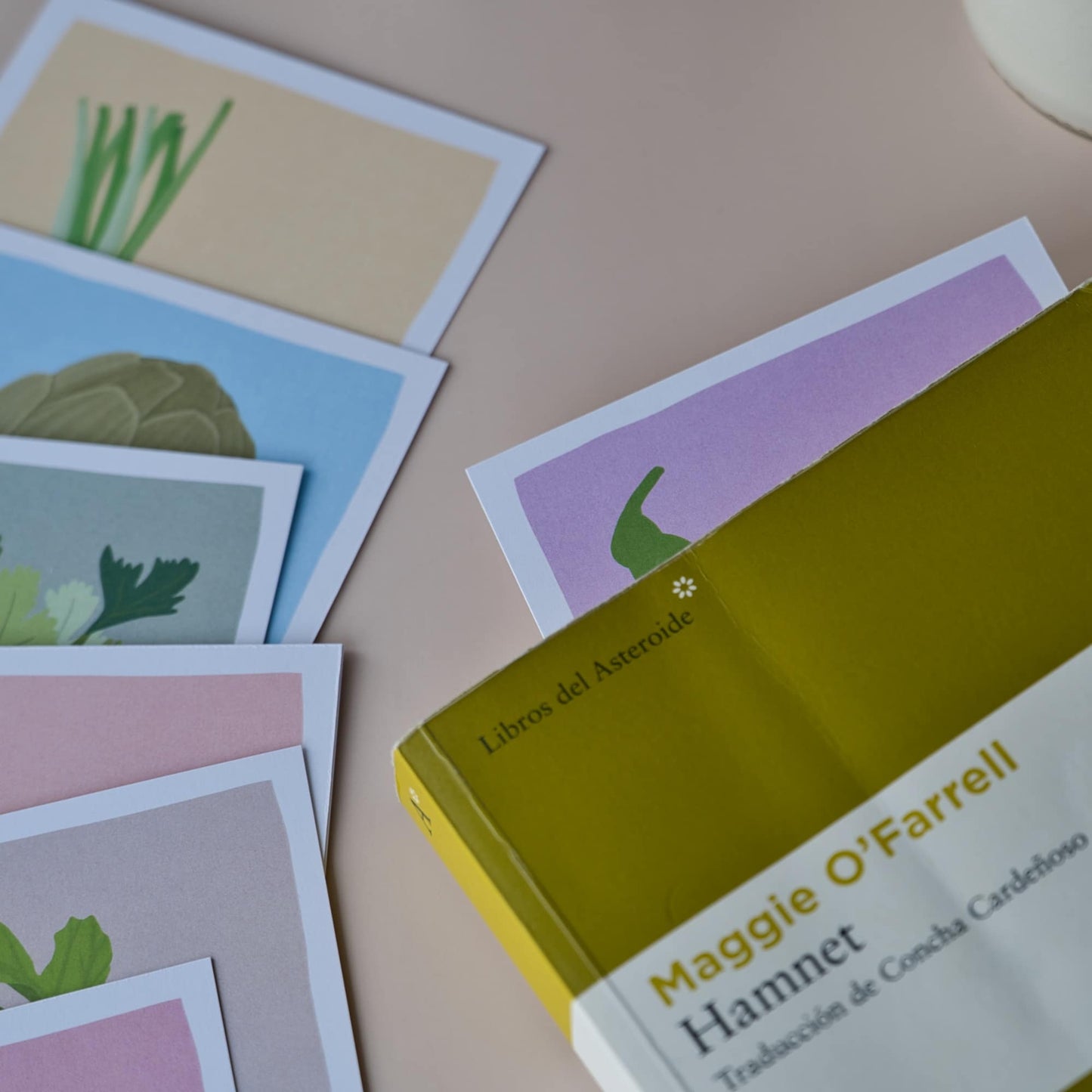 Collection of 8 different vegetable-themed reading tracker cards showing both the artistic front and the functional back for library organization by Normablok.