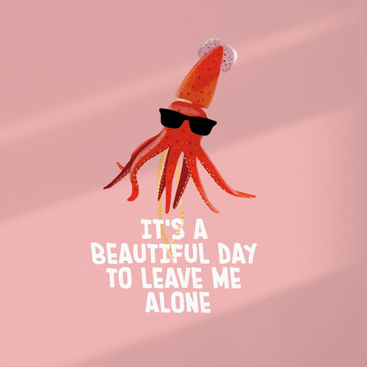 A clean product shot highlighting the detailed squid illustration and its quote over a salmon-pink background by Normablok.