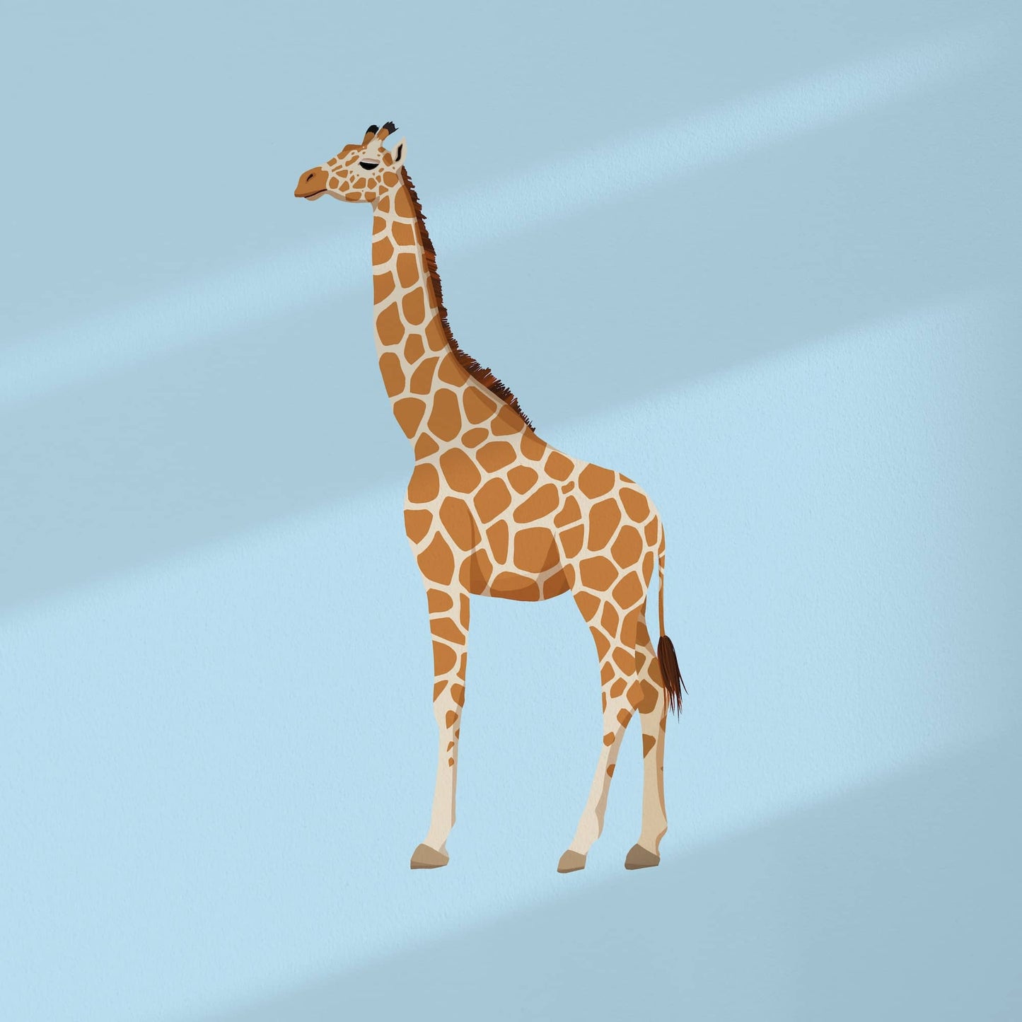 Close-up detail of the reticulated giraffe art print, focusing on the intricate and geometric net-like coat pattern. The warm earthy tones of the giraffe contrast beautifully against the fresh, crisp light blue background, showcasing my detailed digital artistic style.