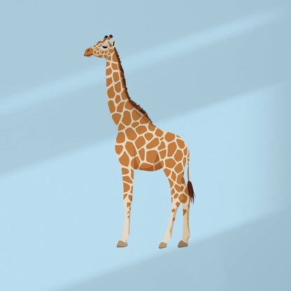 Close-up detail of the reticulated giraffe art print, focusing on the intricate and geometric net-like coat pattern. The warm earthy tones of the giraffe contrast beautifully against the fresh, crisp light blue background, showcasing my detailed digital artistic style.