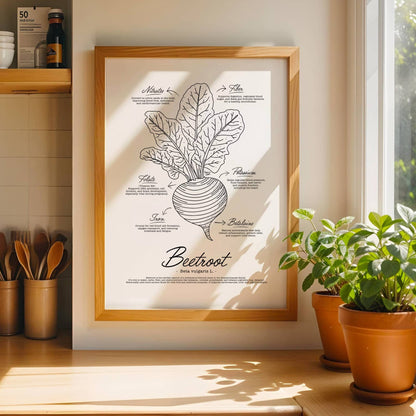 Hand-drawn black and white retro botanical dictionary style print of a whole beetroot plant with a focus on detailed textures, scientific description, and nutritional facts text by Normablok.