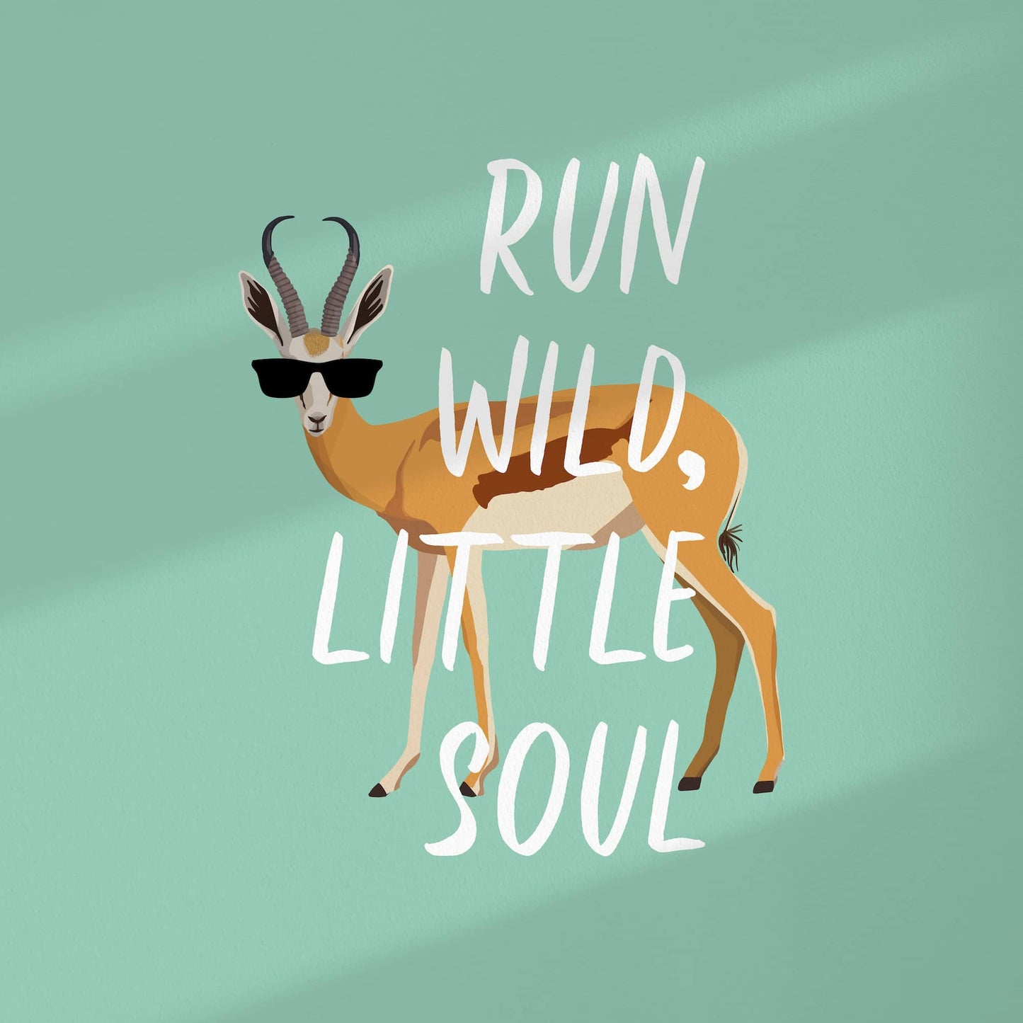 High-resolution flat digital graphic of the "Run Wild, Little Soul" art print. Features the stylized antelope wearing black sunglasses centered on a solid green turquoise background, surrounded by the clean white signature border to show the exact colors and linework.