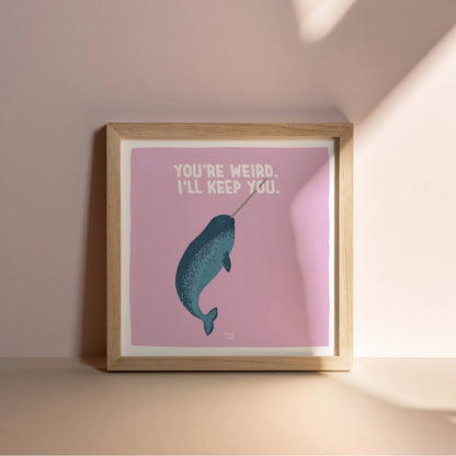 A square ratio version of the narwhal poster casually leaning against a modern wall by Normablok.