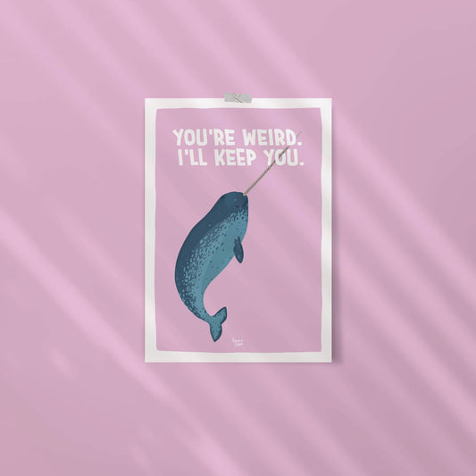 An ISO-proportion narwhal print stuck to a vibrant wall with washi tape by Normablok.