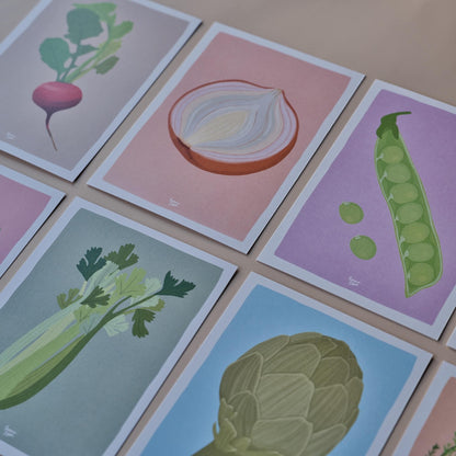 Detailed illustration of a purple radish and a green artichoke on reading log bookmarks with a modern figurative and colorful style by Normablok.