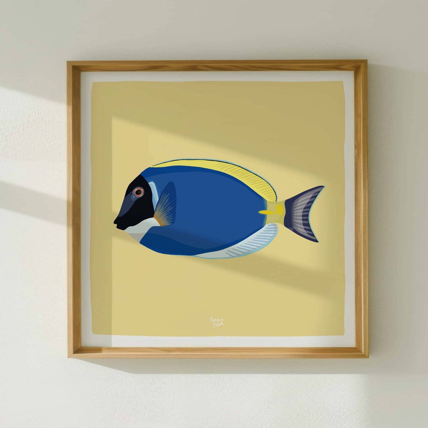 The Blue Tang fish digital illustration adapted into a balanced square format layout, framed in wood. Ideal for modern gallery walls.