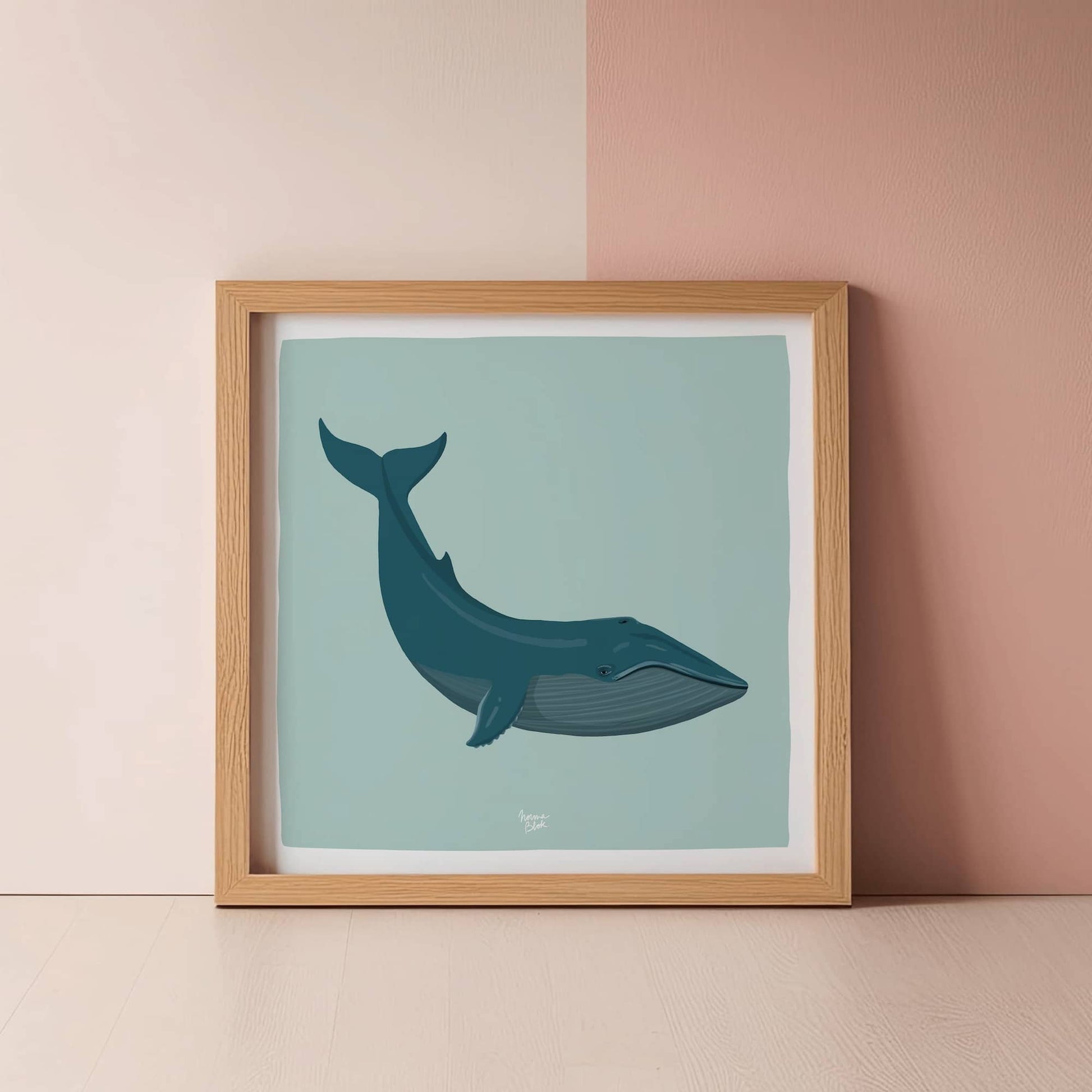 The majestic blue whale illustration presented in a clean, minimalist square format, featuring a classic white border. This version is designed to be a standalone piece or a striking addition to a modern gallery wall layout.