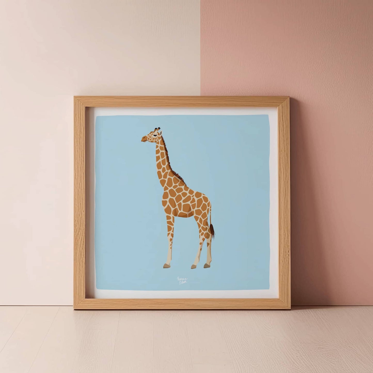 Reticulated giraffe digital illustration adapted into a balanced, modern square format. Featuring a clean white border, this piece is designed to be the highlight of a contemporary gallery wall or a stylish, minimalist accent piece for any room.