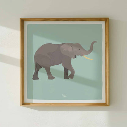 The figurative African elephant digital illustration adapted into a balanced square format layout. The artwork is beautifully framed in natural wood, showcasing the centered design inside the signature white perimeter border for a clean, modern display.