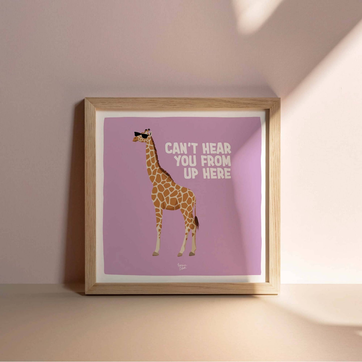 The humorous giraffe illustration and bold English typography adapted into a balanced square format layout. The entire design is centered inside the signature clean white perimeter border, making it ready for modern square frames.