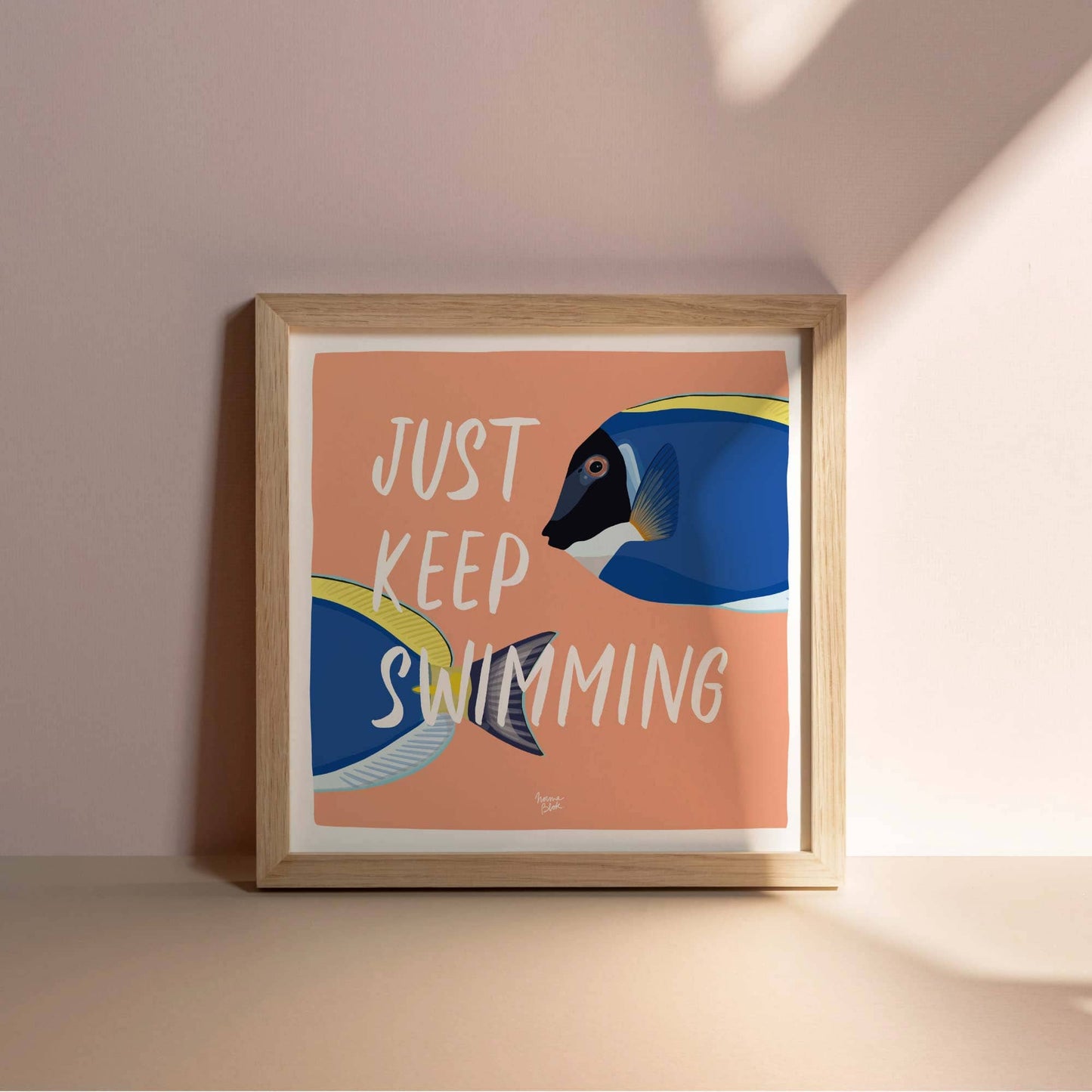 The "Just Keep Swimming" fish graphic design adapted into a clean square format layout. The blue surgeonfish and bold English typography are perfectly balanced inside the square white border, ideal for contemporary gallery walls.