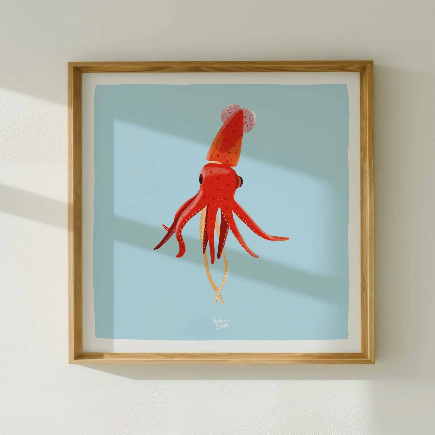 The squid digital illustration adapted to a balanced square format layout, featuring a white border for a modern home decor presentation.