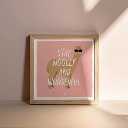 The "Stay Woolly and Wonderful" alpaca graphic design adapted into a clean square format layout. The central illustration and bold typography are balanced inside the square white border, perfect for contemporary wall art arrangements or modern grid frames.