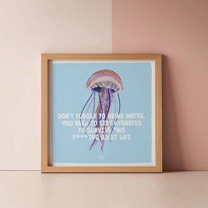 A square ratio version of the poster casually leaning against a modern salmon-colored wall for a trendy look.