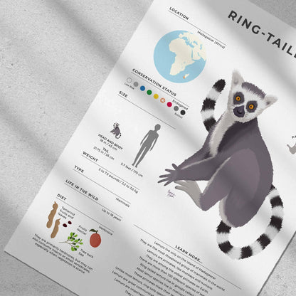 Vibrant digital illustration of a lemur with scientific facts including its status as an endangered species in a modern figurative art style for collectors by normablok