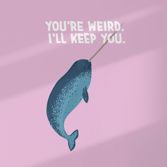 A clean product shot highlighting the detailed narwhal illustration and its quote over a light lilac background by Normablok.